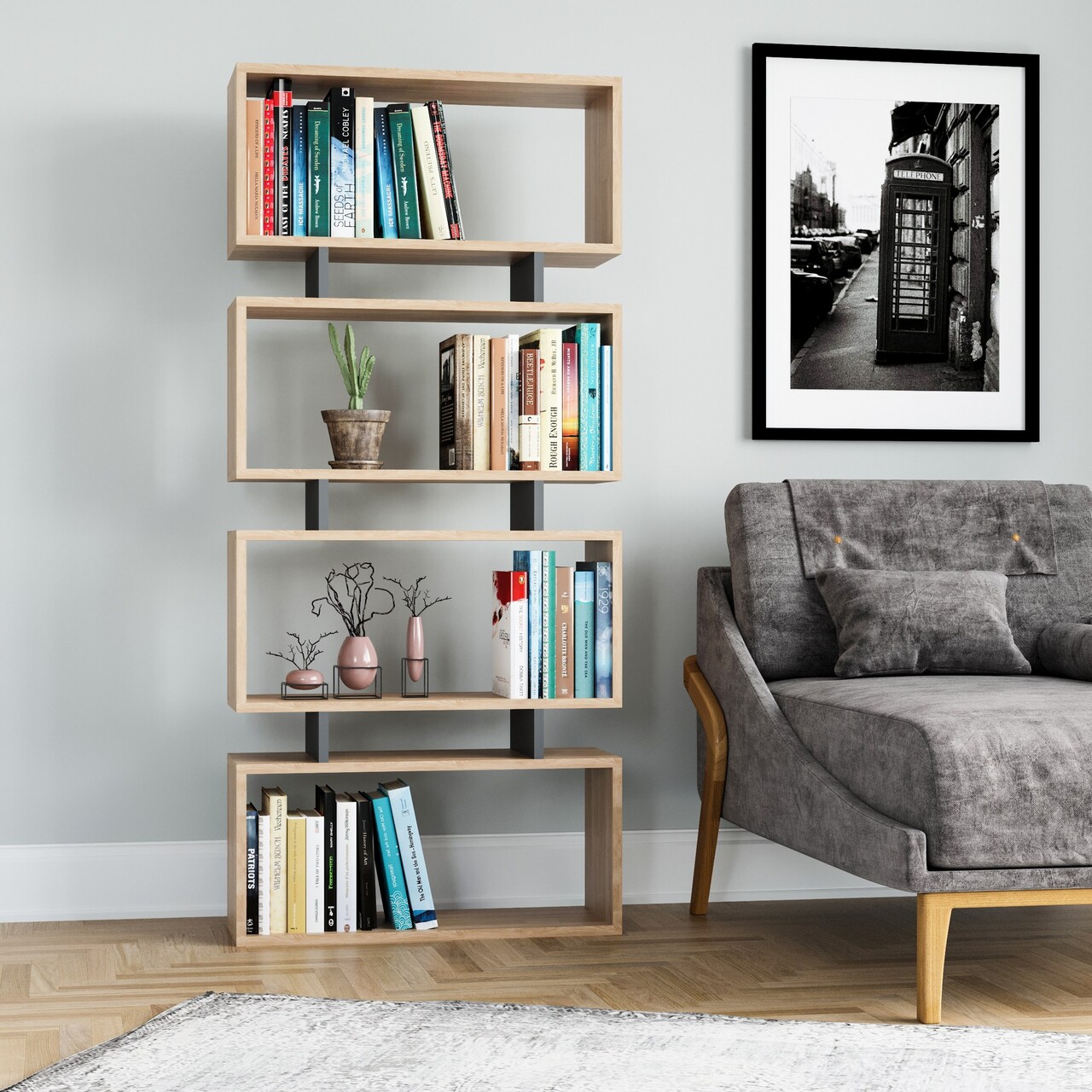 Corp biblioteca, Hanah Home, Langdon, 72.5x25x161 cm, Stejar / Antracit - imagine 3